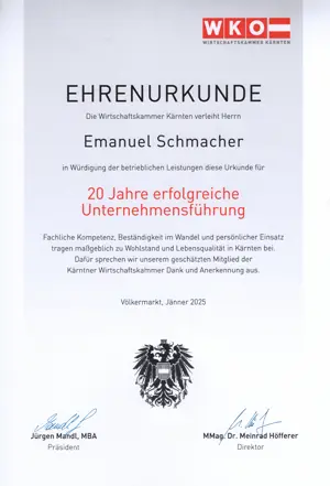 Ehrenurkunde - 20 Jahre erfolgreiche Unternehmensführung